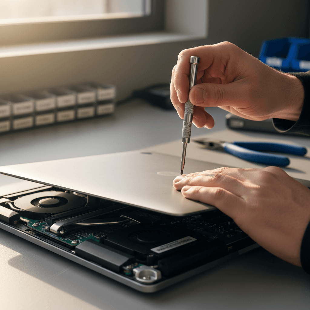 Computer repair technician working on laptop