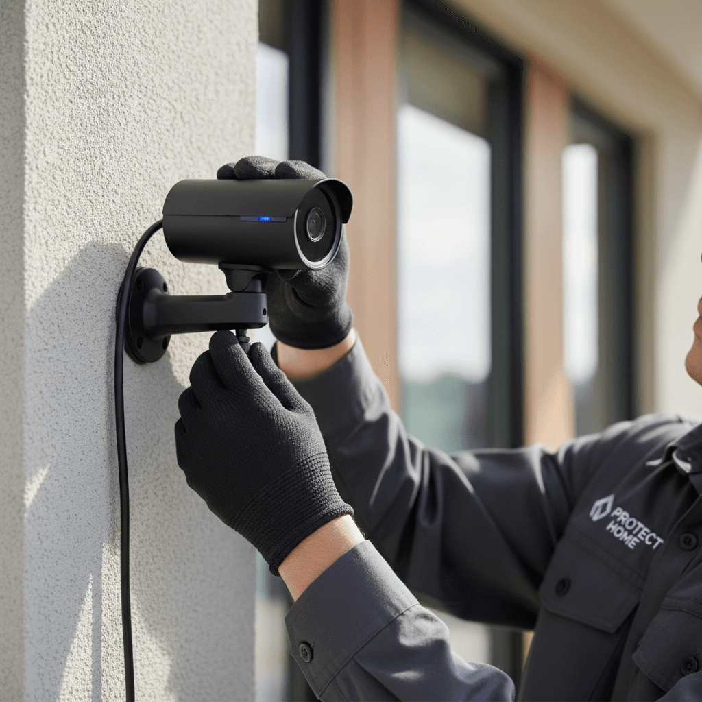 Technician hands installing sleek black security camera on residential exterior wall with natural daylight