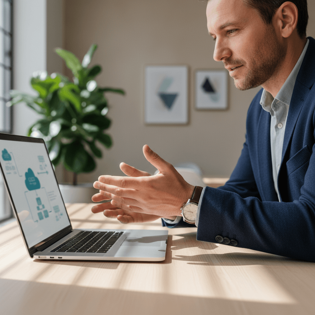 Technology consultant's hands on keyboard during client consultation meeting, discussing cloud infrastructure diagrams on laptop screen