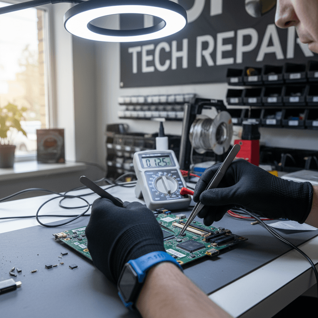 Computer repair technician working on laptop internals
