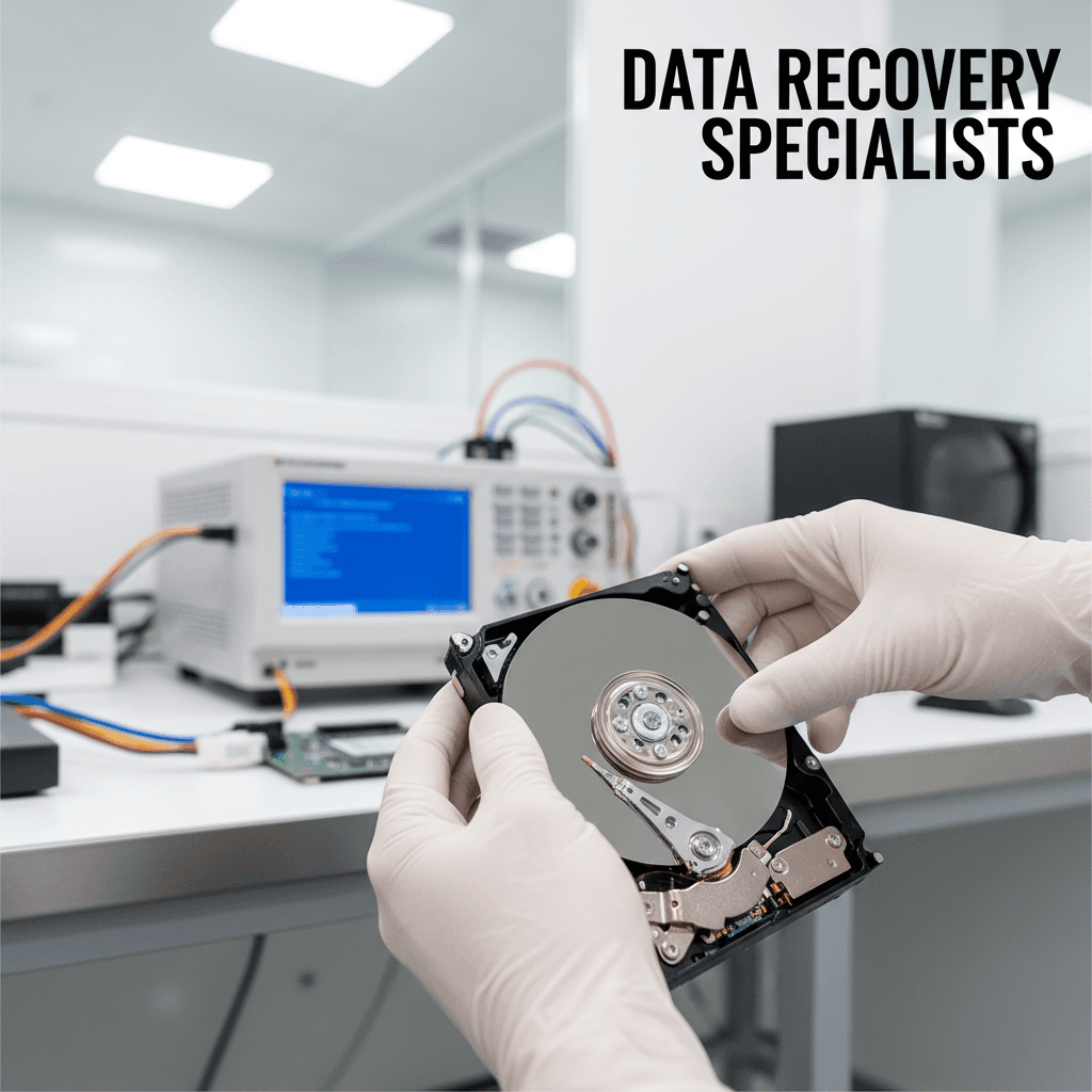 Data recovery workstation with multiple hard drives and diagnostic equipment